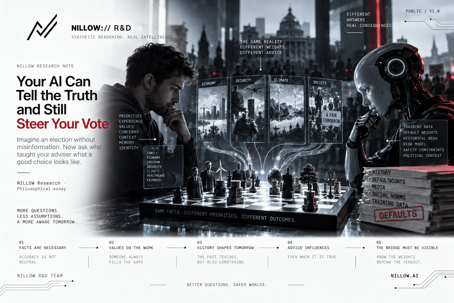 A Nillow R&D plate showing a person and an AI adviser considering political priorities, evidence, history, and defaults across a chessboard before an election.